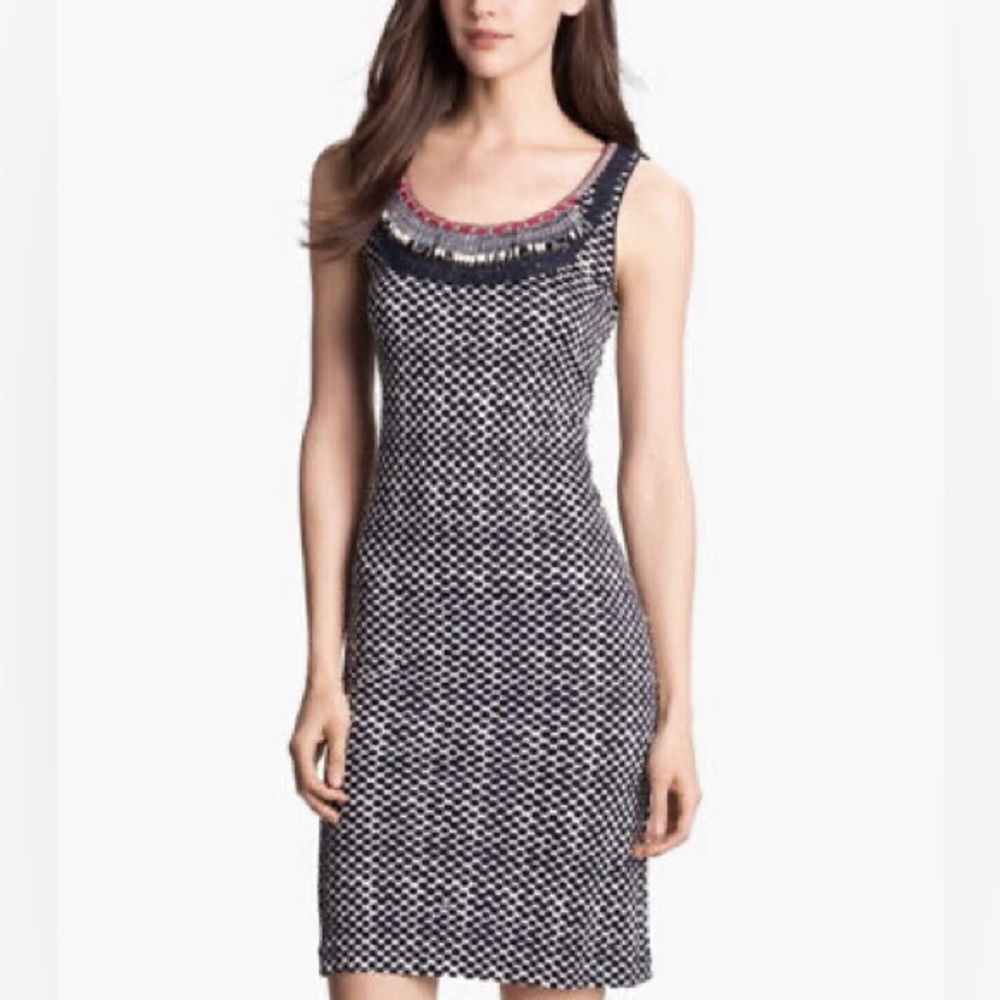 Tory Burch Teagan Embellished Silk Tank Dress Navy Blue White Red Beads Large